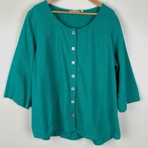 Soft Surroundings Womens Tunic 3/4 Slv Btn Front Sz L Cotton Green Collarless